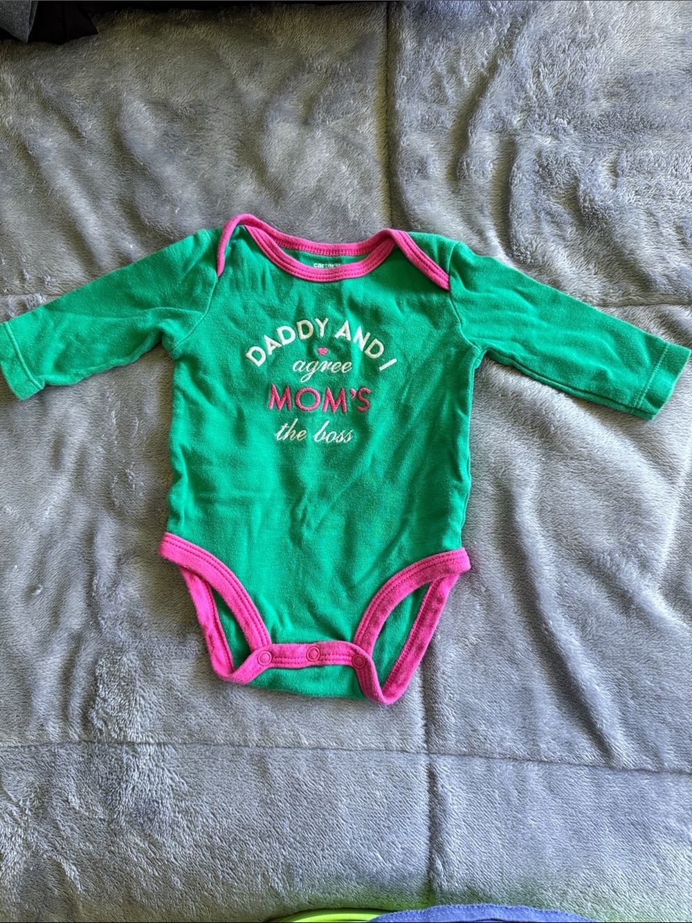 Carter's Green One-Piece Bodysuit with Pink Trim and Playful Slogan